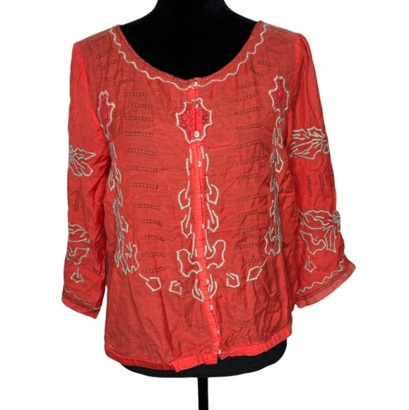 Free People Tops - Free People Red Orange Embroidered Peasant Blouse, Size Medium‎